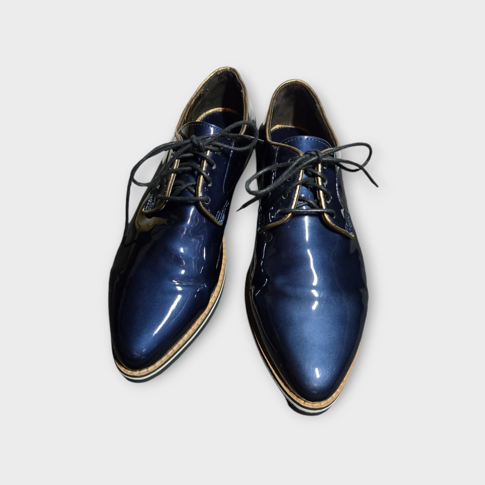 Johnston & Murphy Patent Leather Shoes Womens 8M Blue Lace Up Oxford Pointy Toe